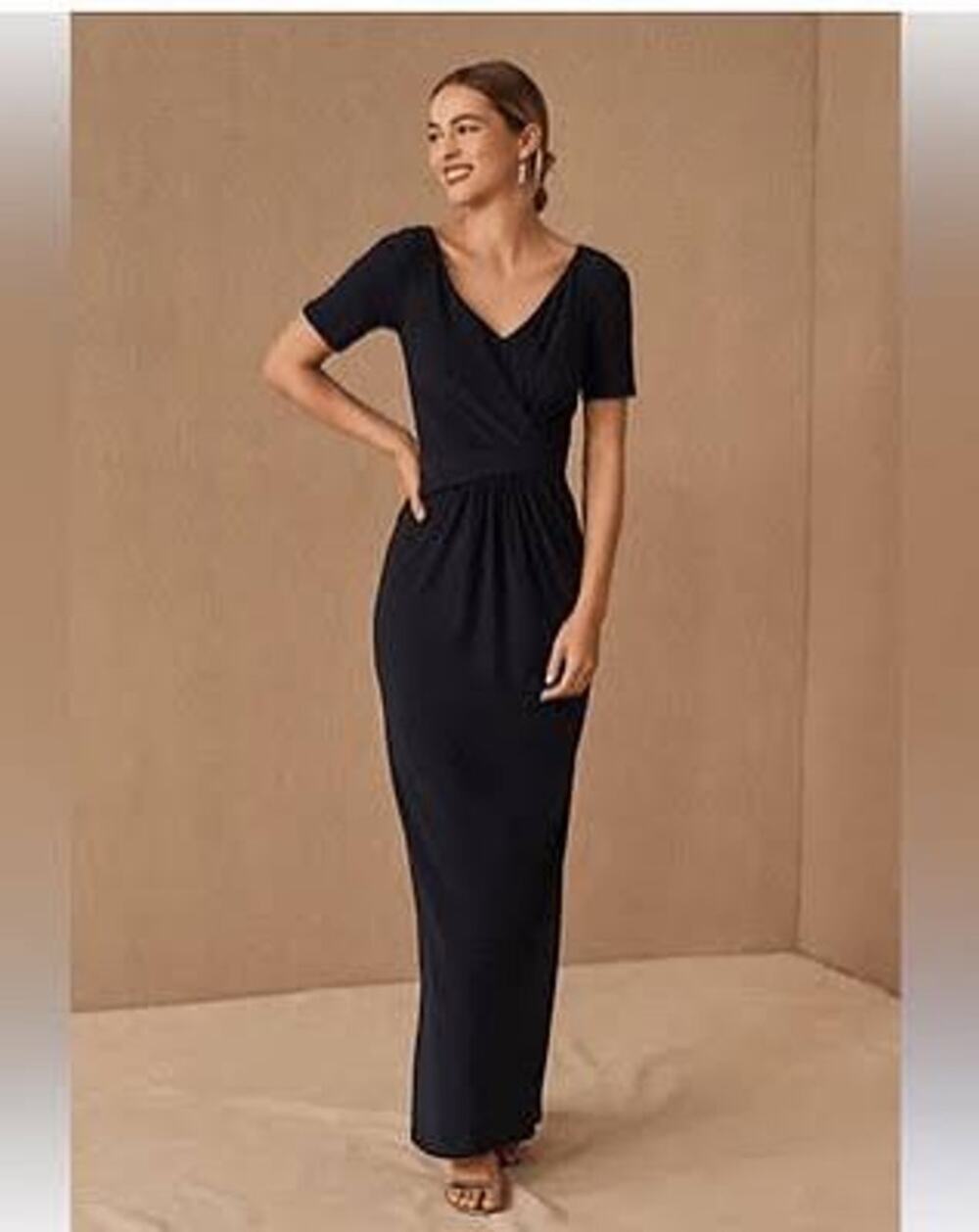 NWT BHLDN Chelle Formal Dress Modest Navy Column Maxi Sleeves Wedding Guest 2